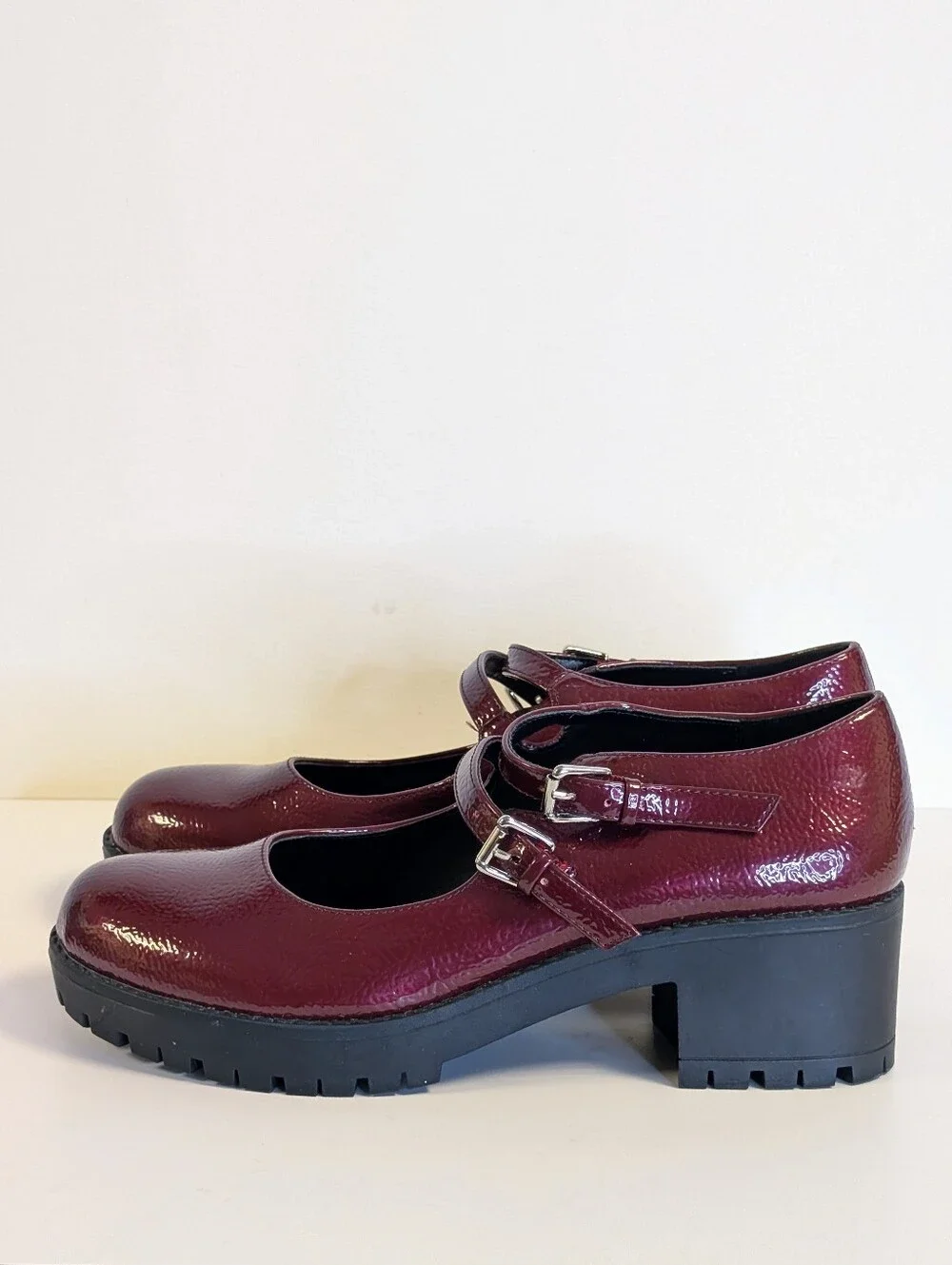 Urban Outfitters Burgundy Patent Double Strap Mary Jane Heels Size 8